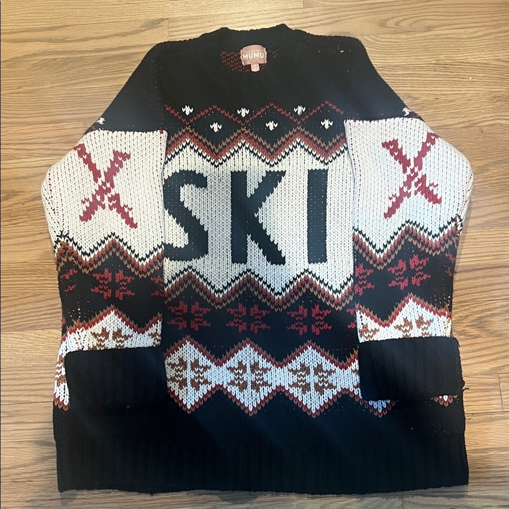 Revolve Mumu Womens 'Ski' Fair Isle Knit Sweater in Black and White Small